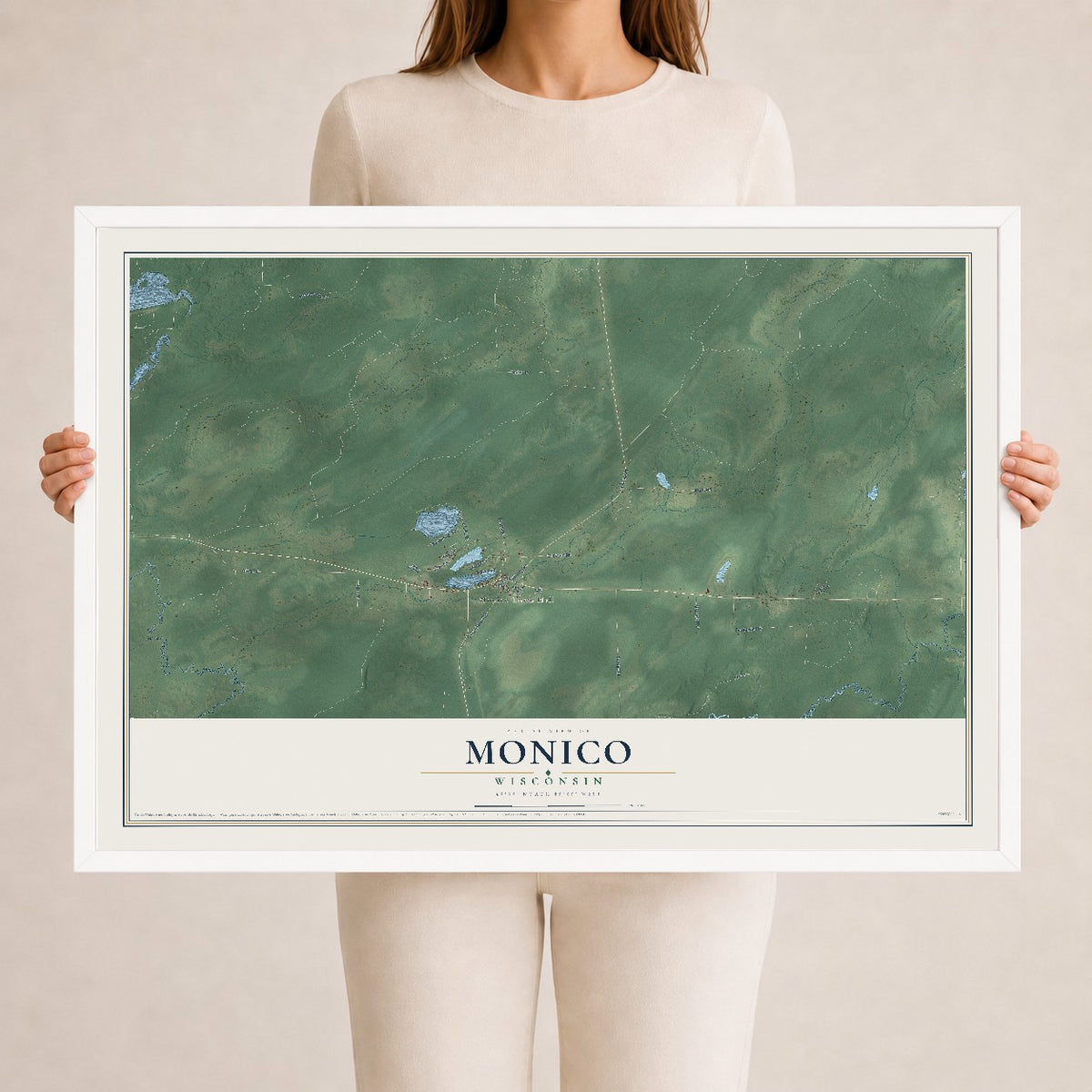 Map of Monico, Wisconsin, 24 x 36 inch print in a white wood frame