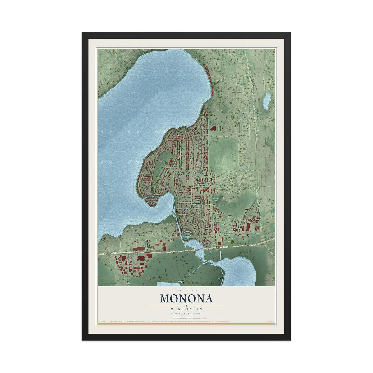 Map of Monona, Wisconsin, 12 x 18 inch print in a black wood frame