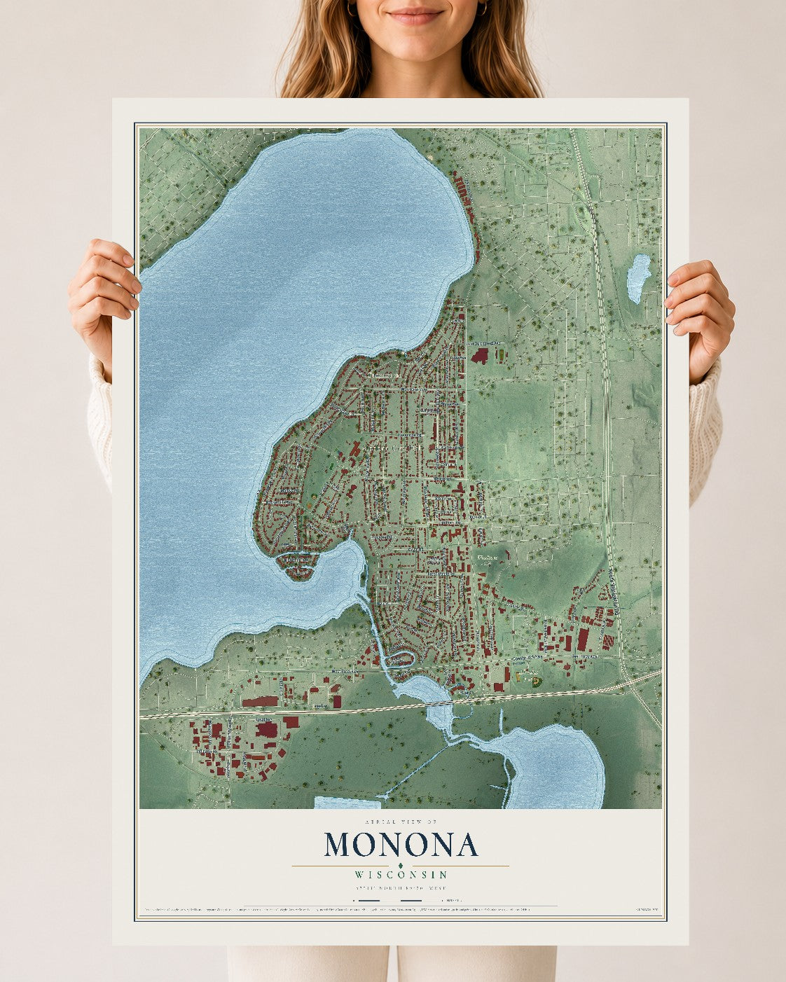 Map of Monona, Wisconsin, 24 x 36 inch unframed archival matte print