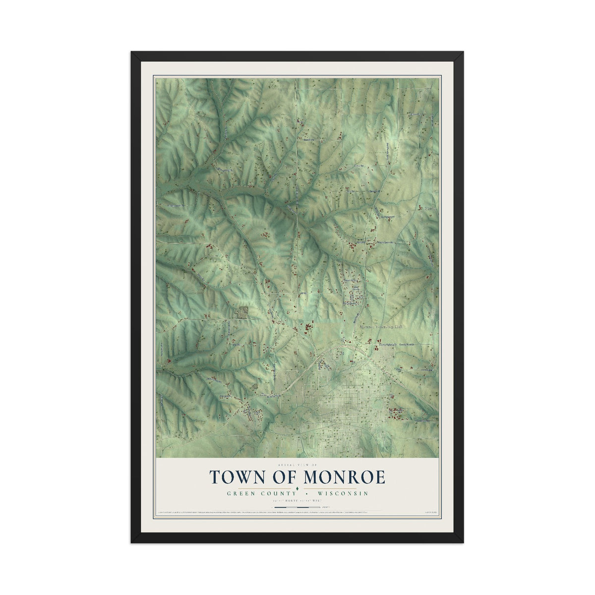 Map of the Town of Monroe, Green County, Wisconsin, 12 x 18 inch print in a black wood frame