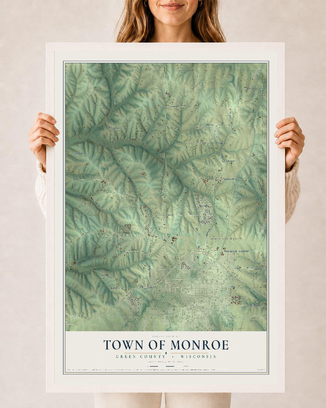 Map of the Town of Monroe, Green County, Wisconsin, 24 x 36 inch print in a white wood frame