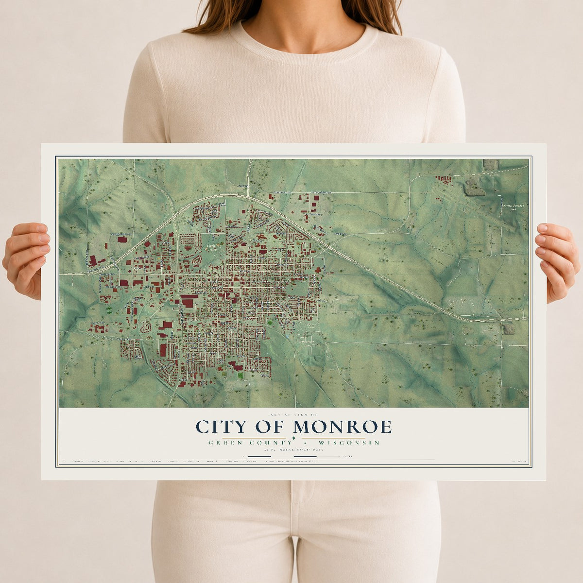 Map of Monroe, Wisconsin, 12 x 18 inch unframed archival matte print