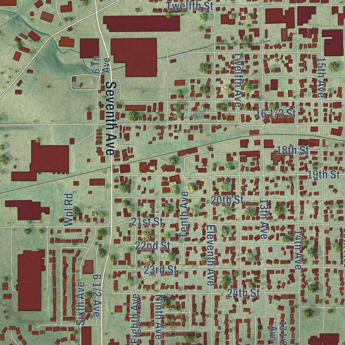 Close-up of the map of Monroe, Wisconsin print showing street and building detail