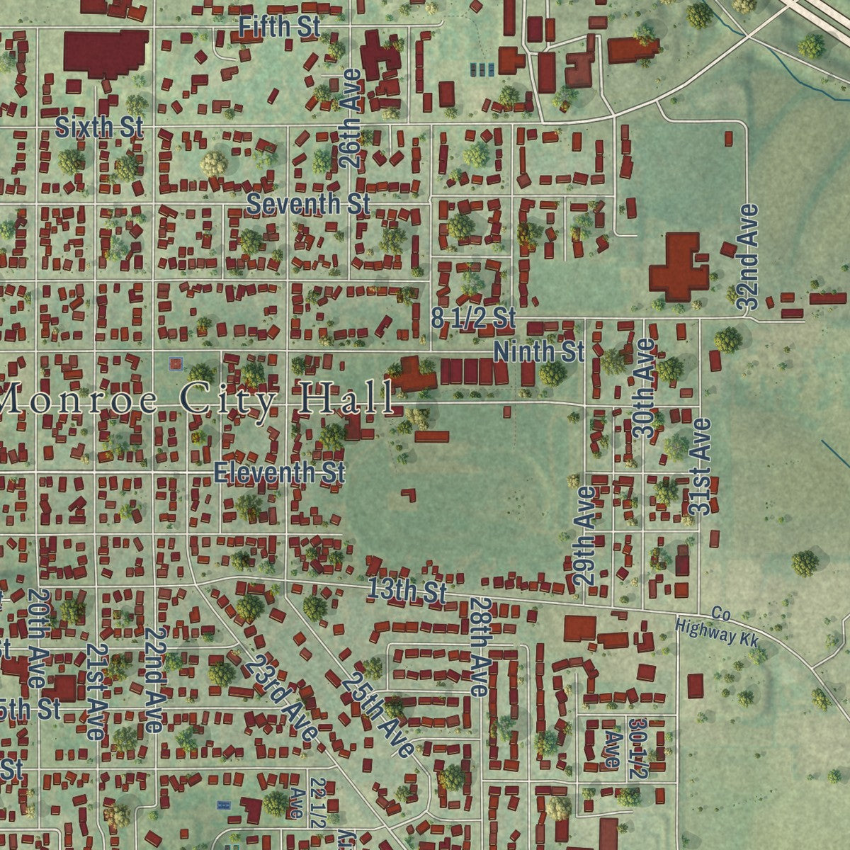 Second close-up of the map of Monroe, Wisconsin print showing more streets and buildings