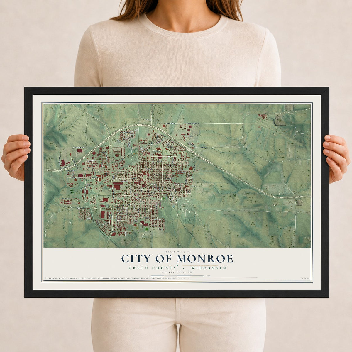 Map of Monroe, Wisconsin, 12 x 18 inch print in a black wood frame