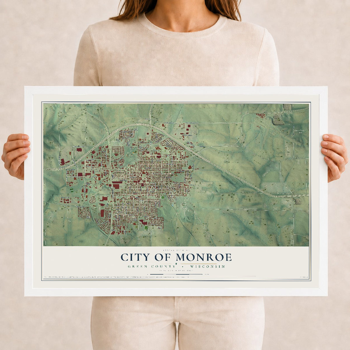 Map of Monroe, Wisconsin, 12 x 18 inch print in a white wood frame