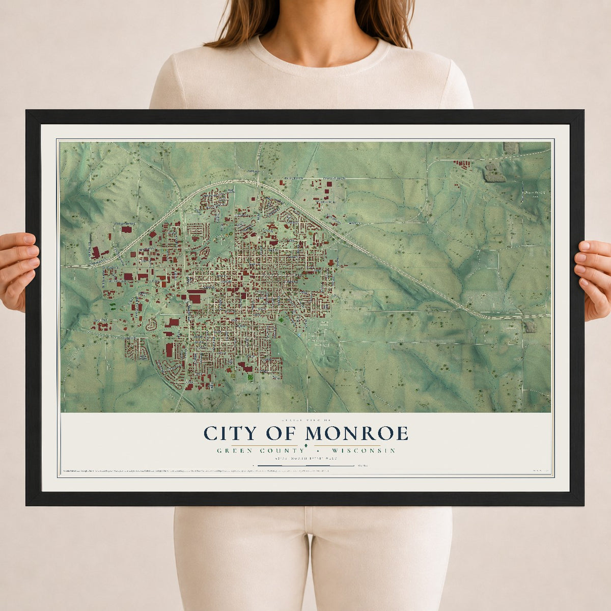 Map of Monroe, Wisconsin, 18 x 24 inch print in a black wood frame
