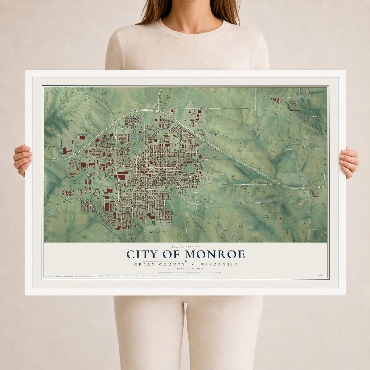 Map of Monroe, Wisconsin, 24 x 36 inch print in a white wood frame