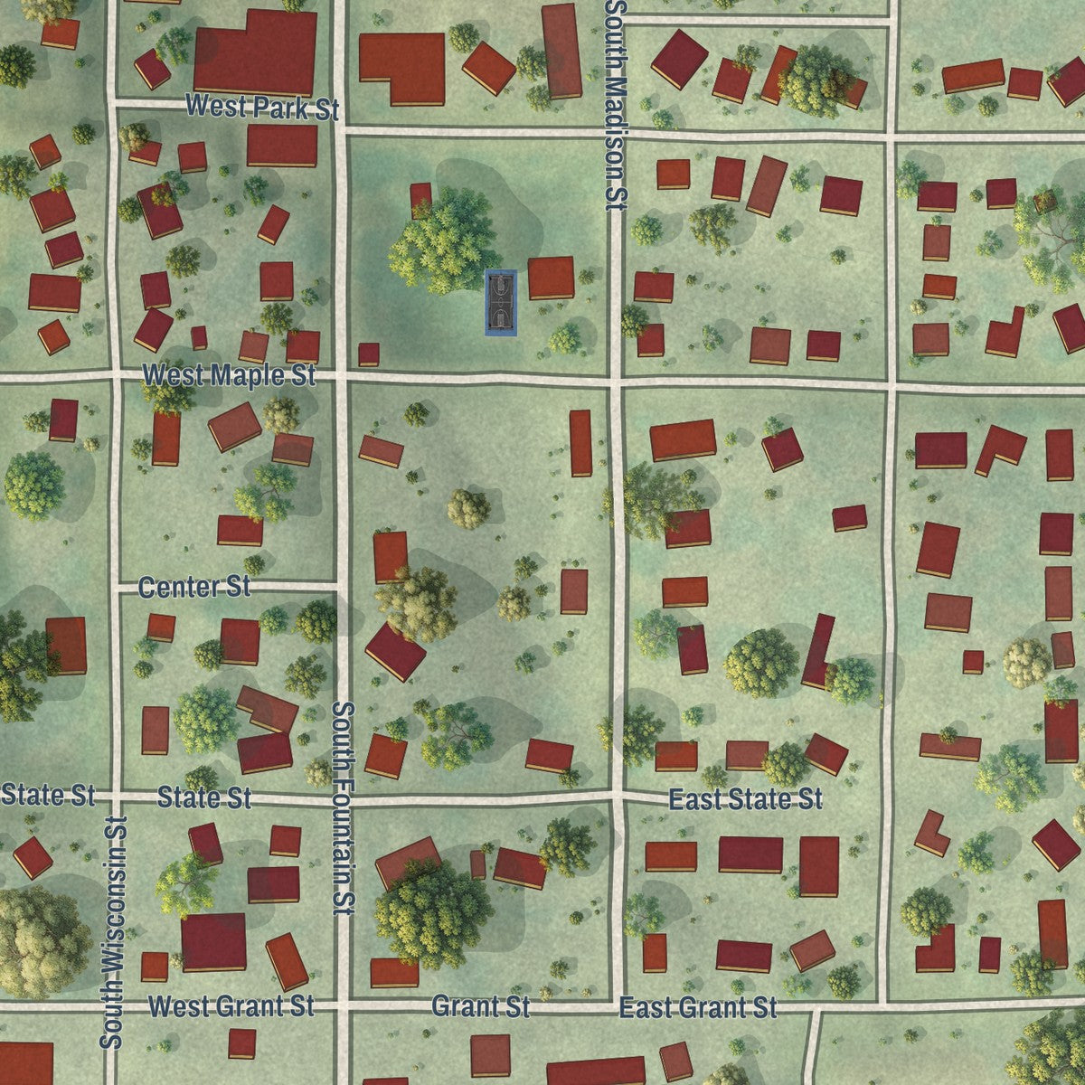 Close-up of the map of Montfort, Wisconsin print showing street and building detail