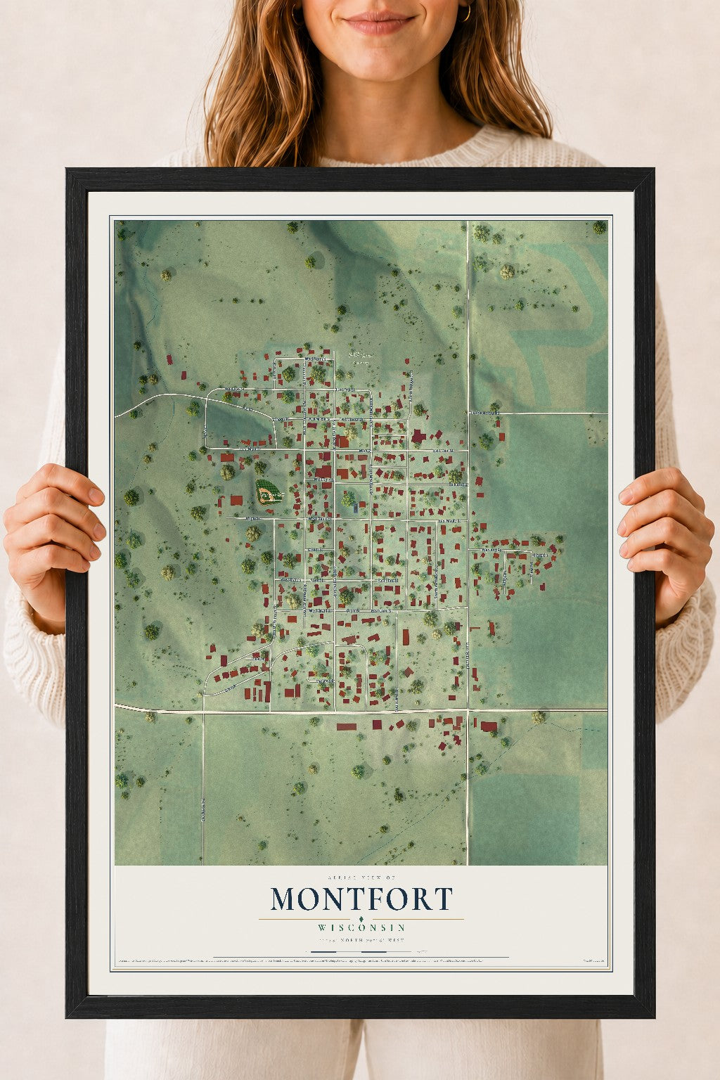 Map of Montfort, Wisconsin, 18 x 24 inch print in a black wood frame