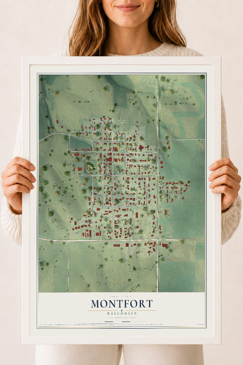 Map of Montfort, Wisconsin, 18 x 24 inch print in a white wood frame