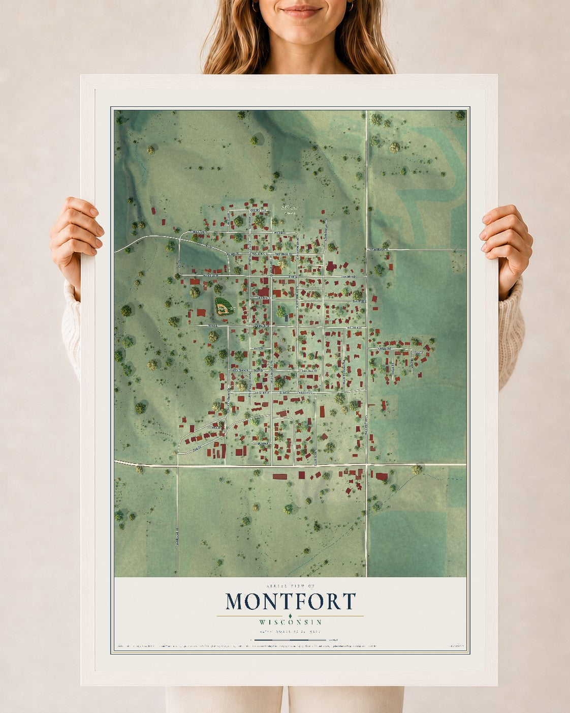 Map of Montfort, Wisconsin, 24 x 36 inch print in a white wood frame