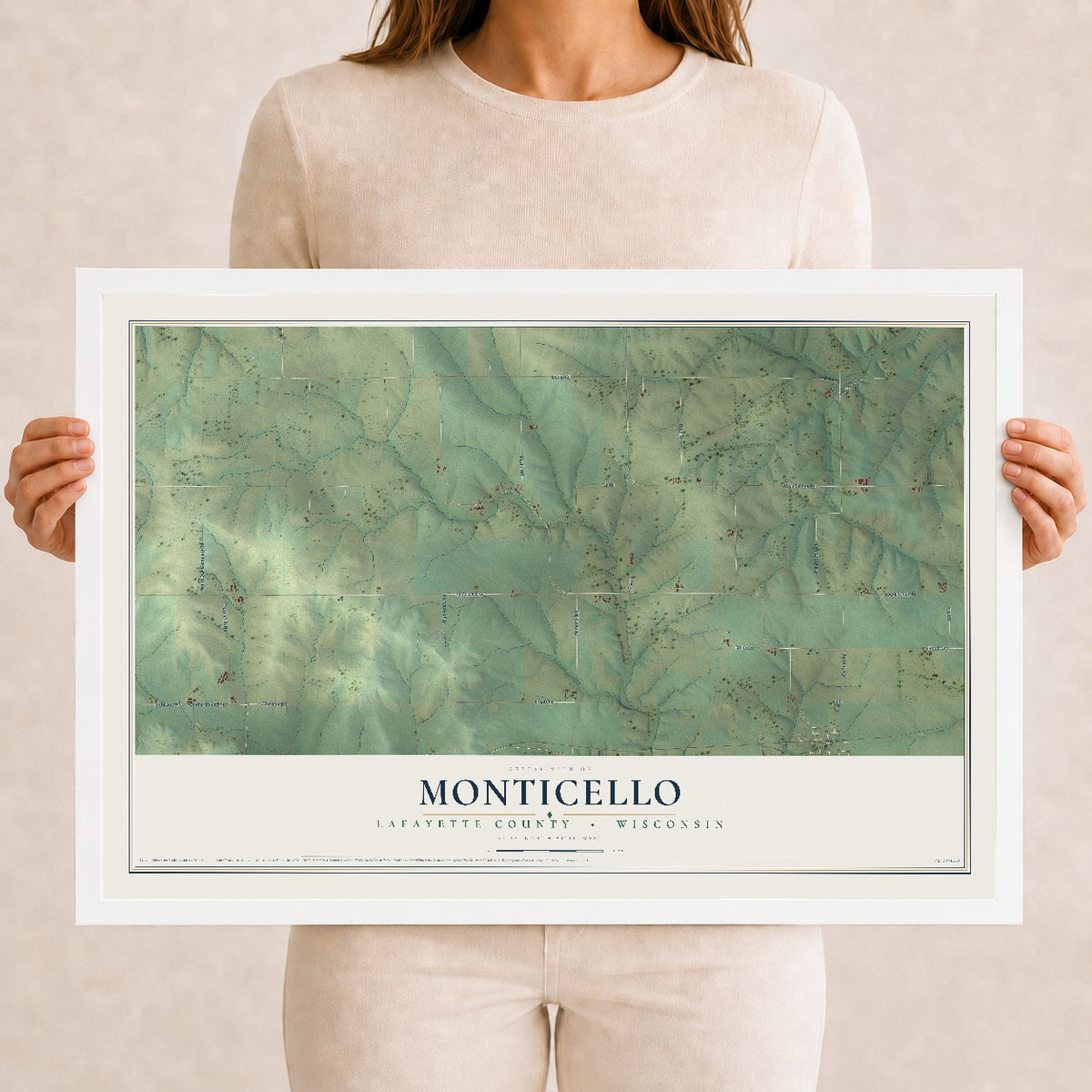 Map of Monticello, Lafayette County, Wisconsin, 12 x 18 inch print in a white wood frame