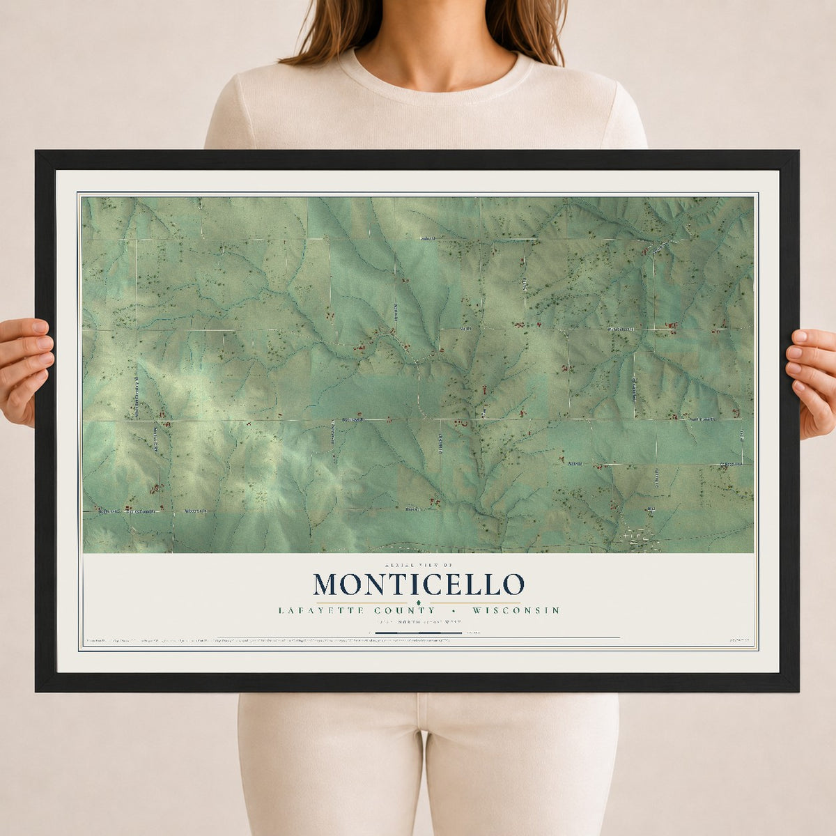 Map of Monticello, Lafayette County, Wisconsin, 18 x 24 inch print in a black wood frame