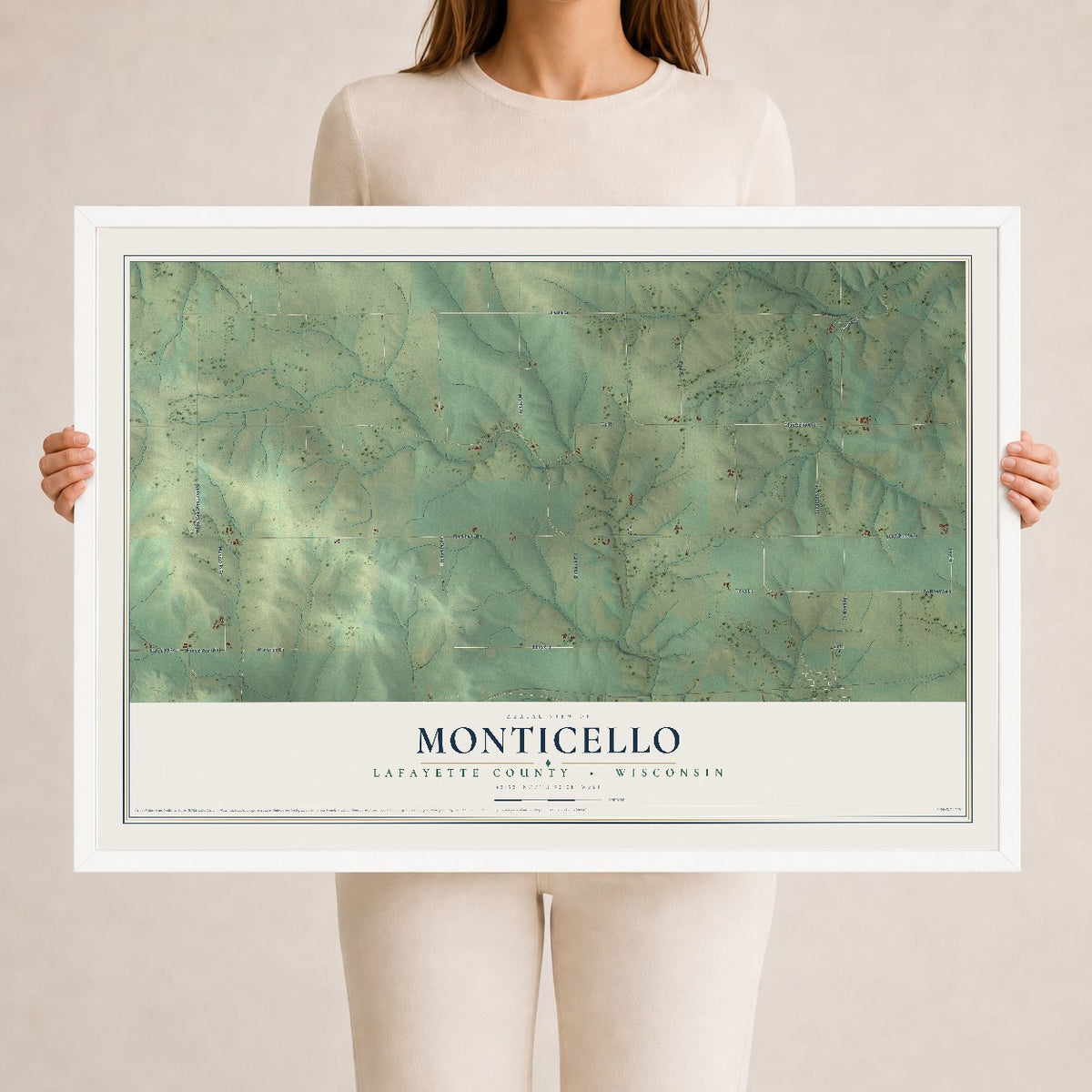 Map of Monticello, Lafayette County, Wisconsin, 24 x 36 inch print in a white wood frame