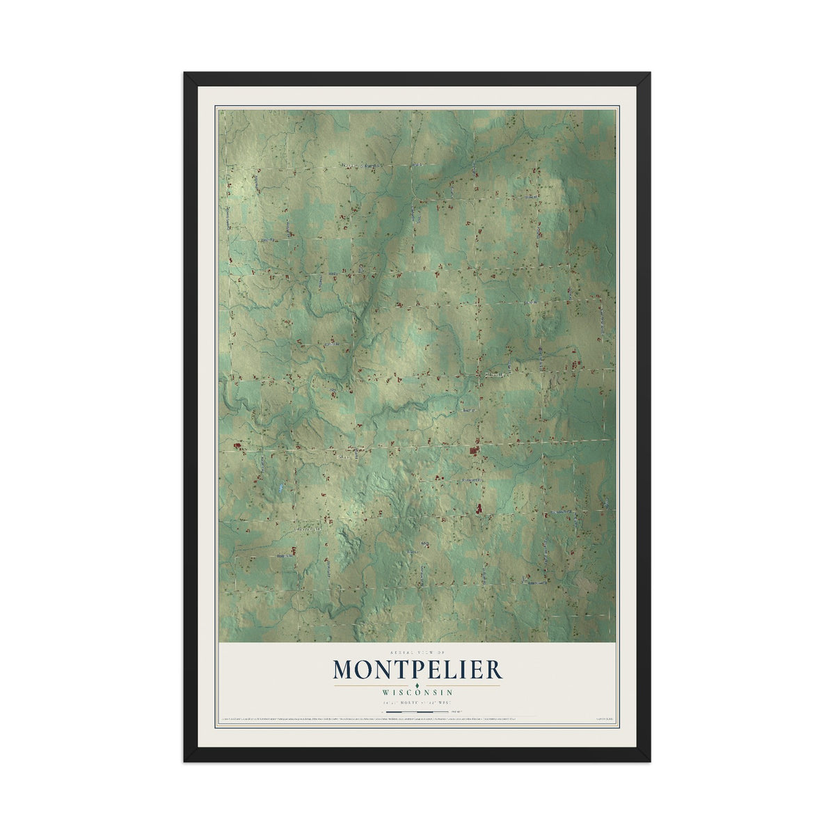 Map of Montpelier, Wisconsin, 12 x 18 inch print in a black wood frame