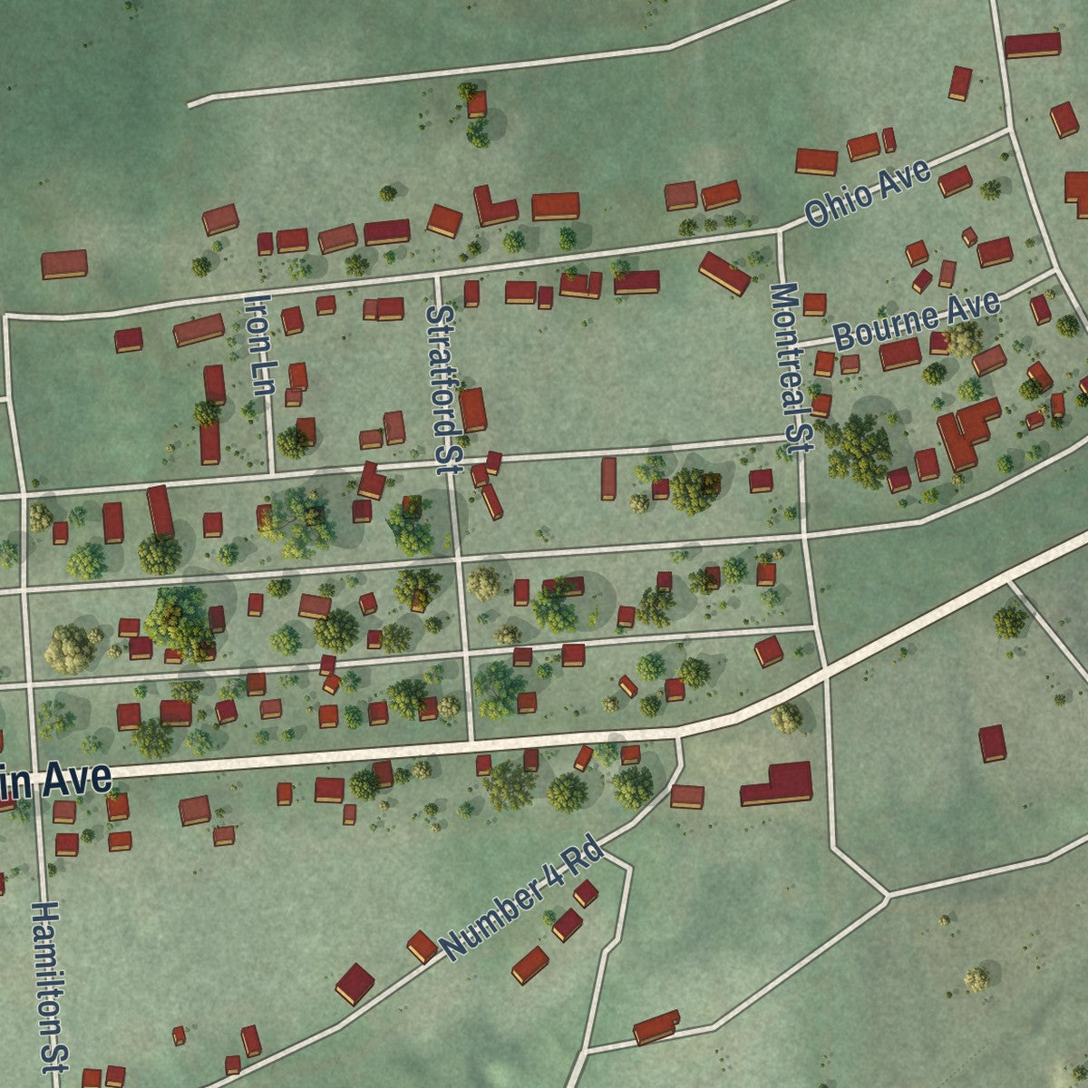 Close-up of the map of Montreal, Wisconsin print showing street and building detail