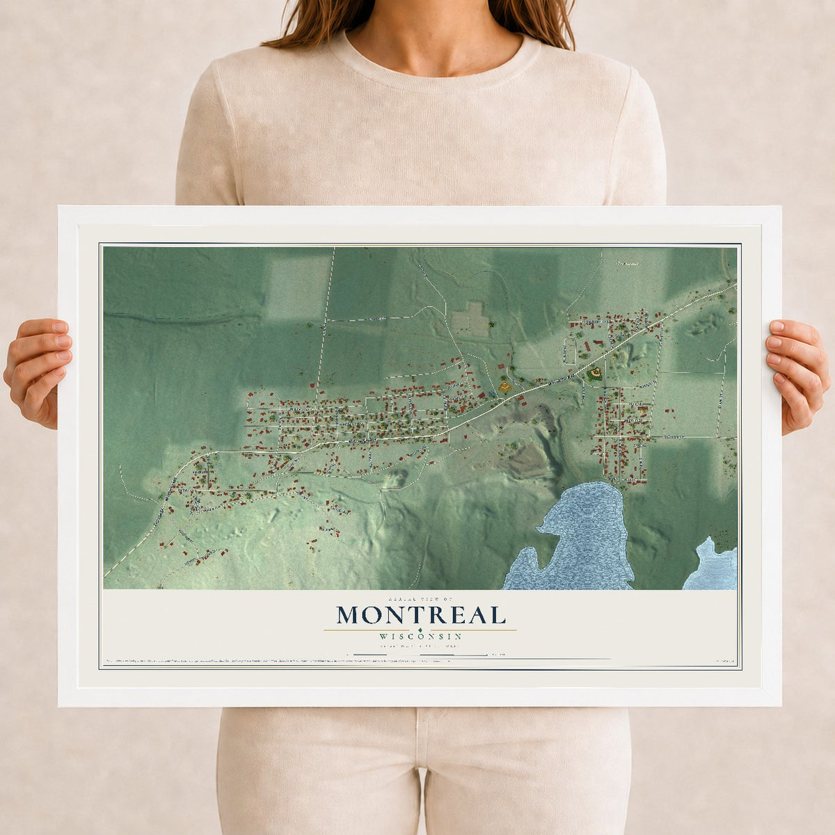 Map of Montreal, Wisconsin, 12 x 18 inch print in a white wood frame