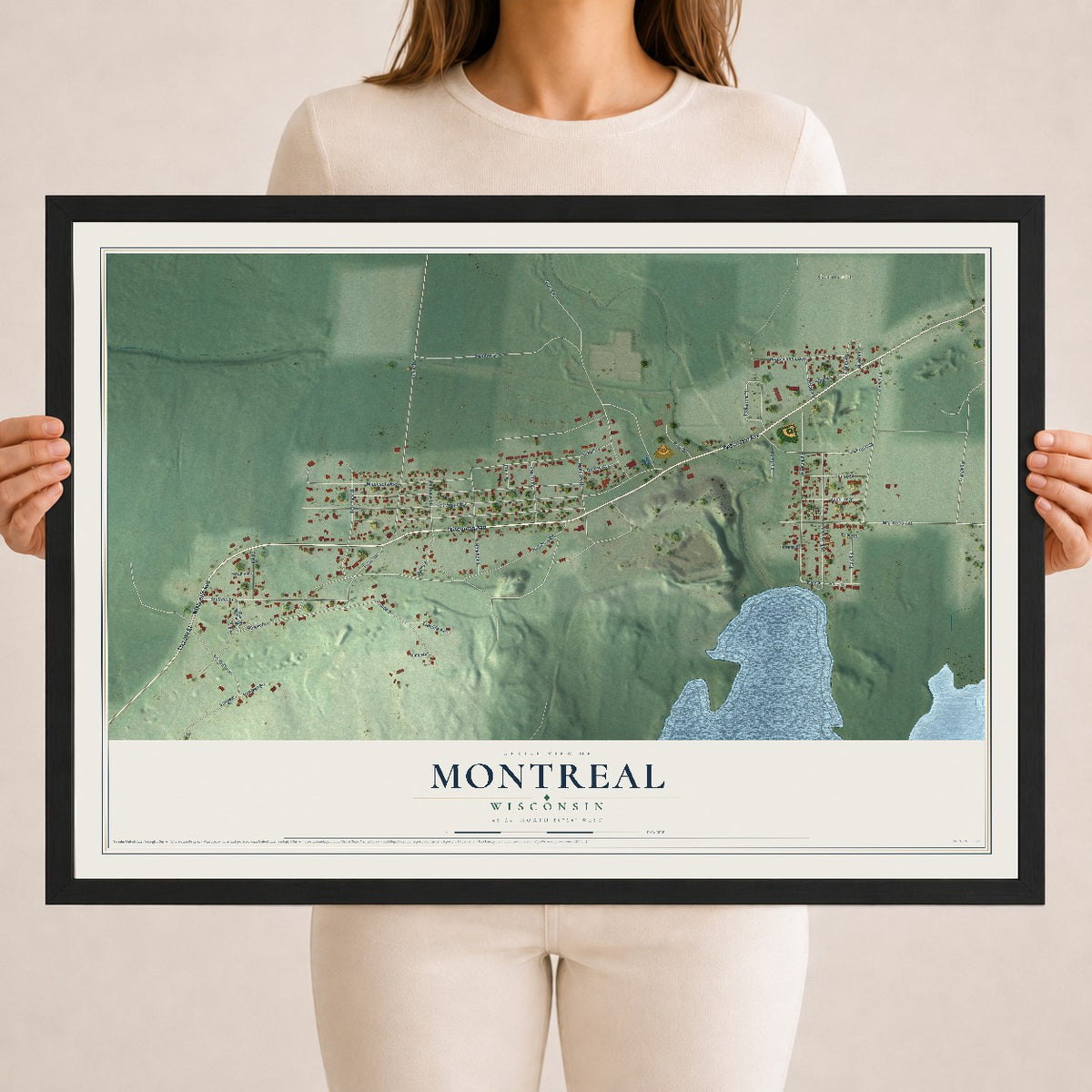 Map of Montreal, Wisconsin, 18 x 24 inch print in a black wood frame