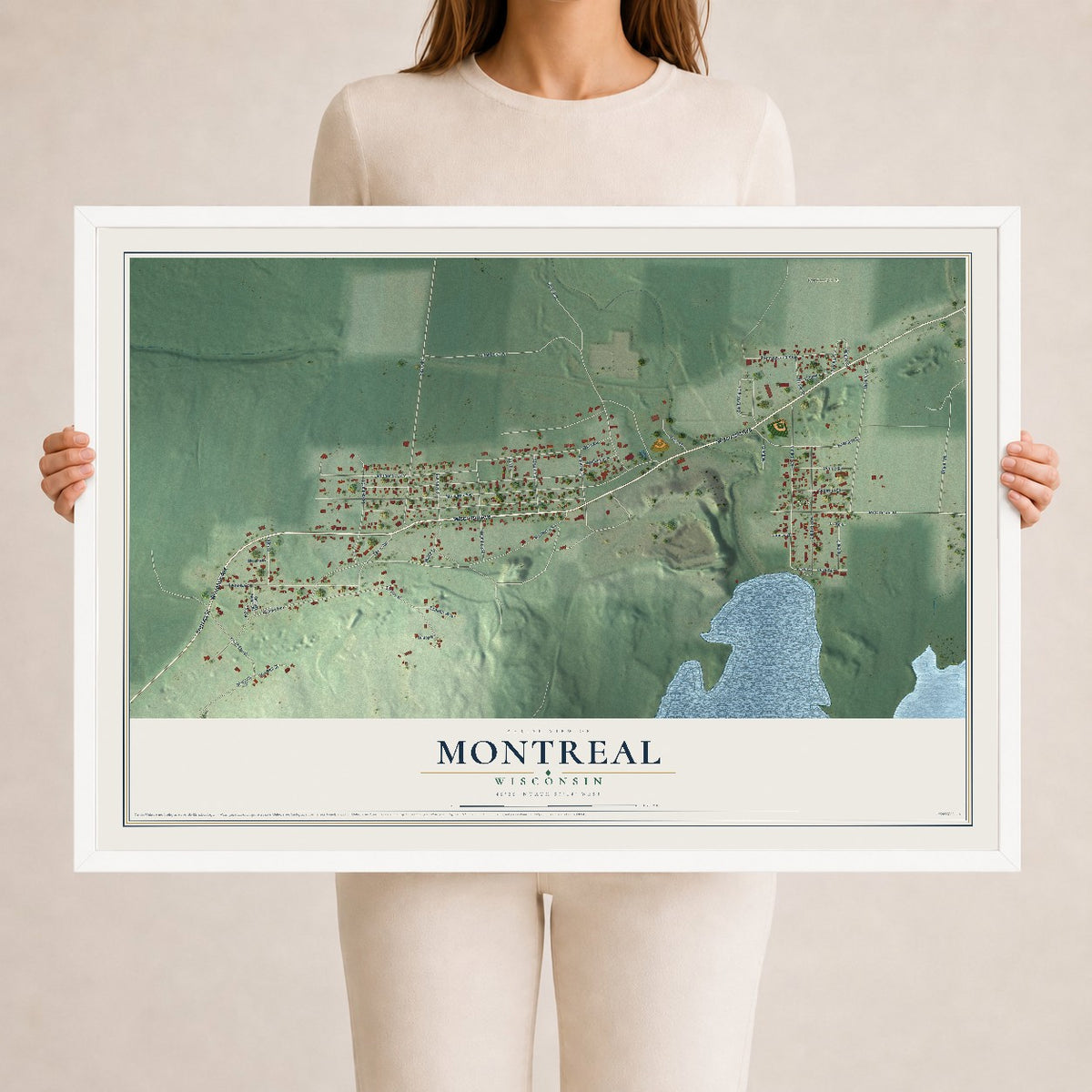 Map of Montreal, Wisconsin, 24 x 36 inch print in a white wood frame