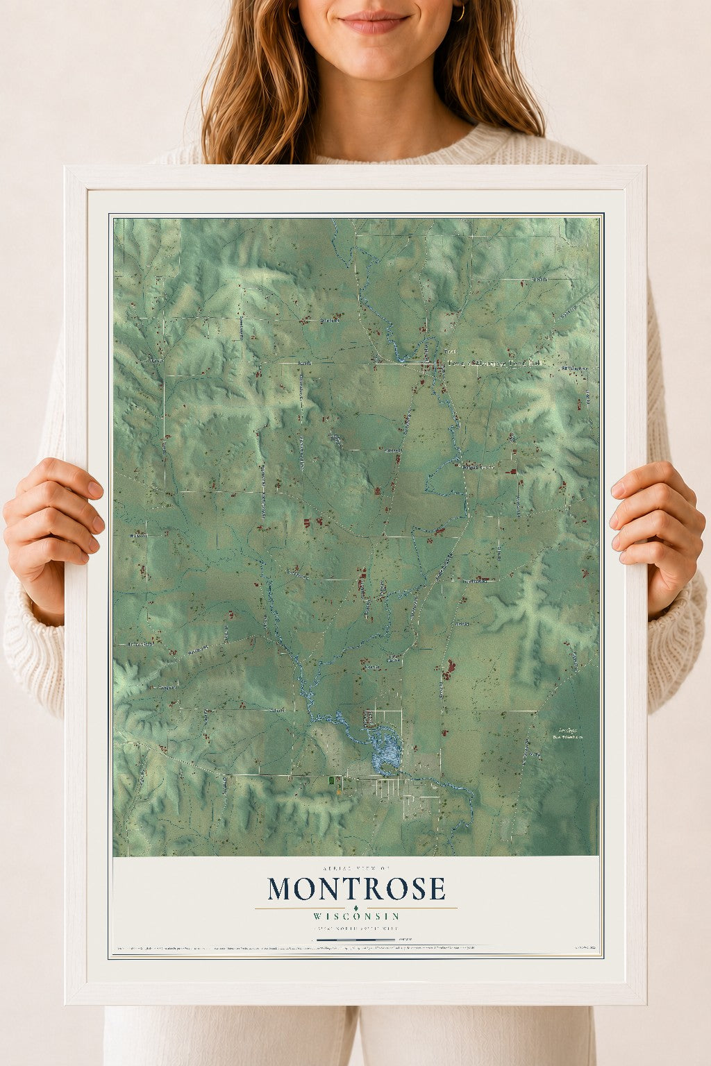 Map of Montrose, Wisconsin, 18 x 24 inch print in a white wood frame