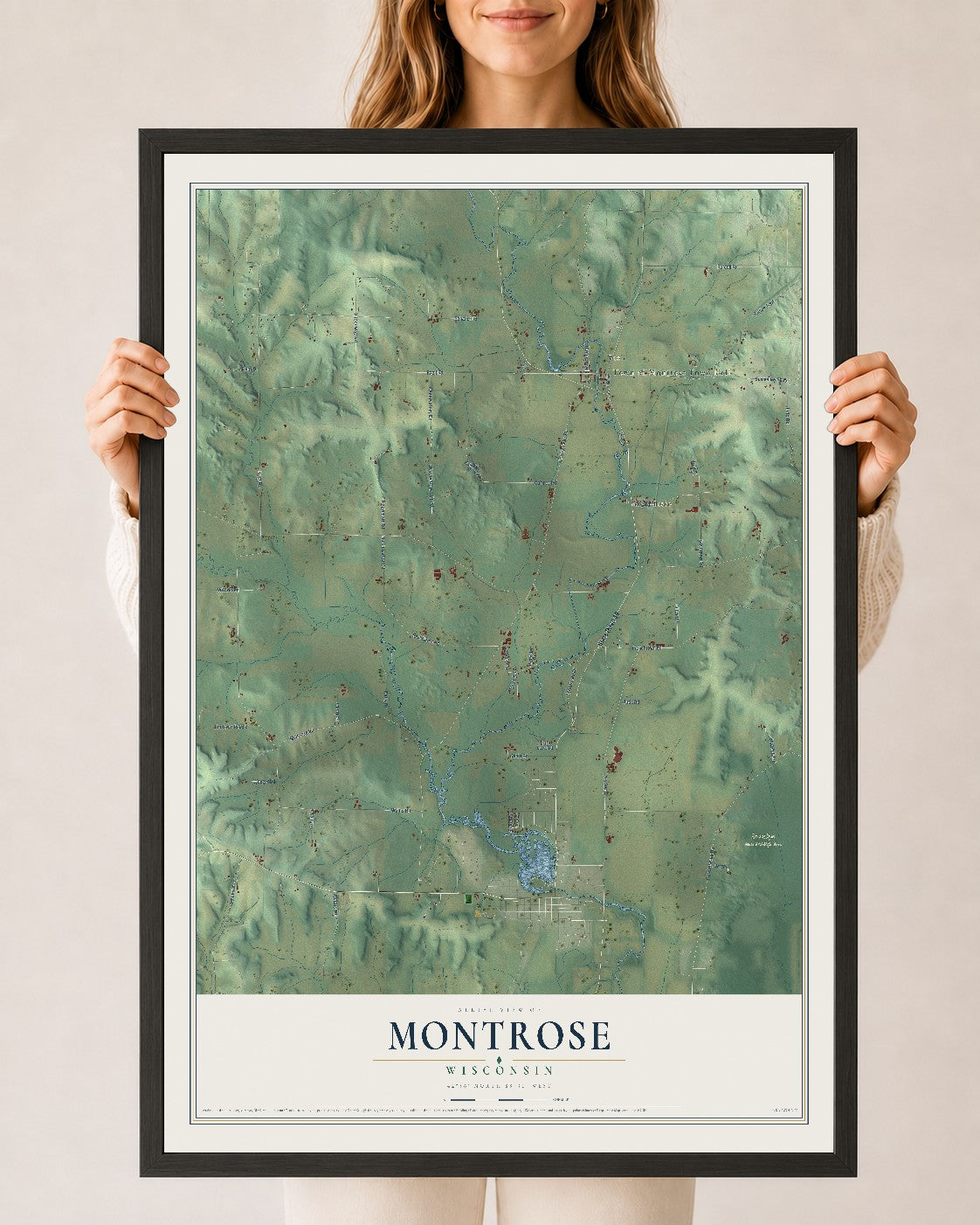 Map of Montrose, Wisconsin, 24 x 36 inch print in a black wood frame