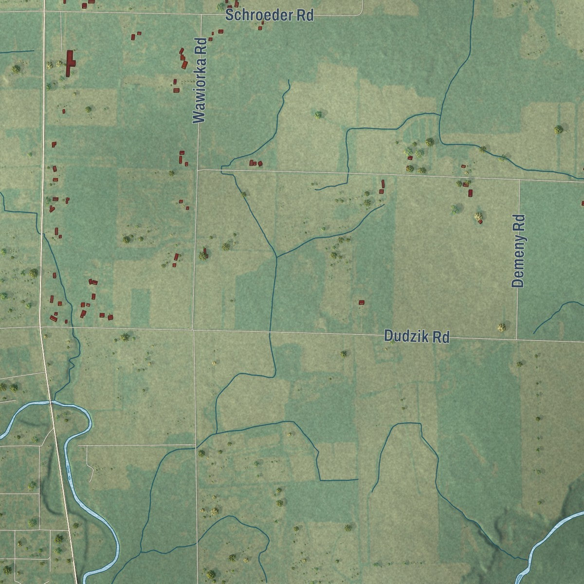 Second close-up of the map of Morgan, Wisconsin print showing more streets and buildings