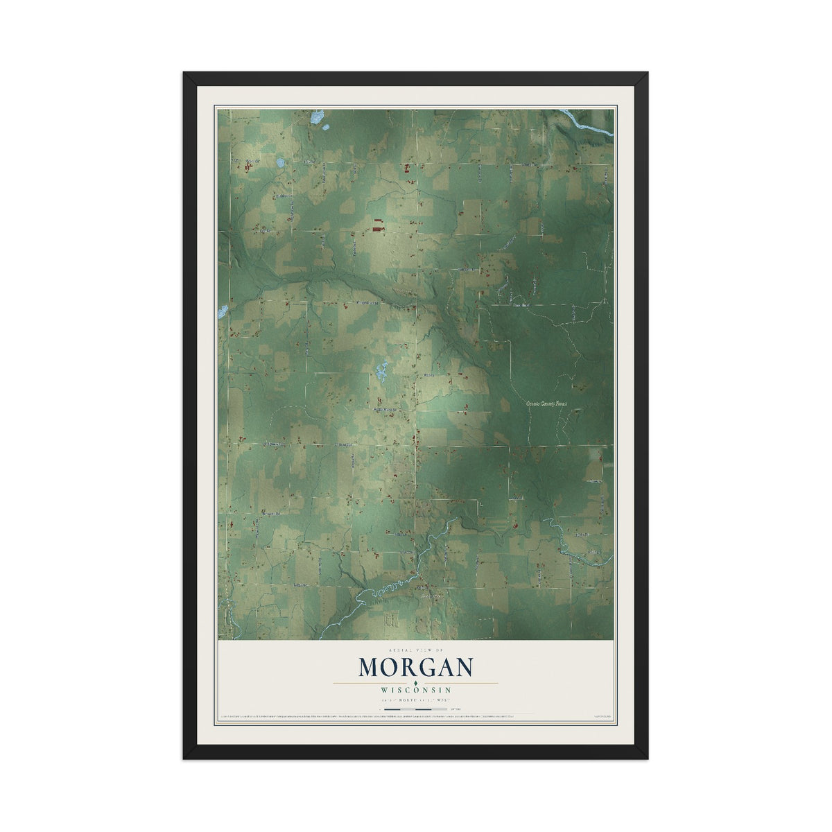 Map of Morgan, Wisconsin, 12 x 18 inch print in a black wood frame
