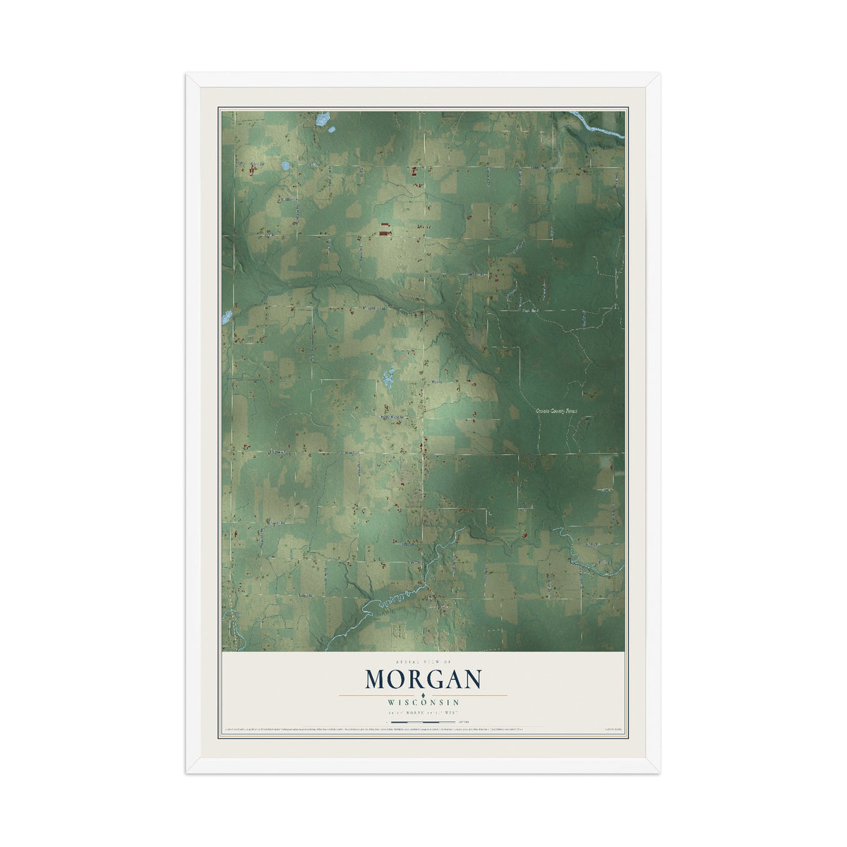 Map of Morgan, Wisconsin, 12 x 18 inch print in a white wood frame