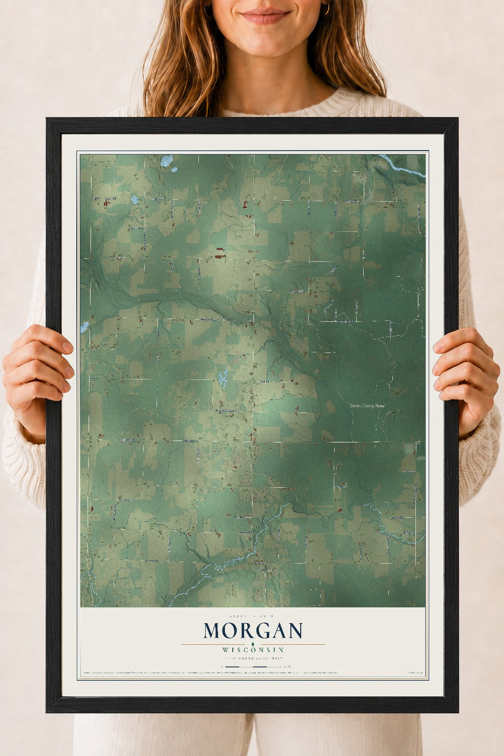 Map of Morgan, Wisconsin, 18 x 24 inch print in a black wood frame