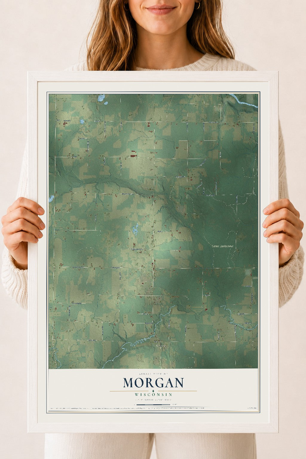Map of Morgan, Wisconsin, 18 x 24 inch print in a white wood frame