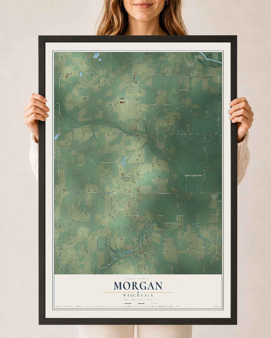 Map of Morgan, Wisconsin, 24 x 36 inch print in a black wood frame