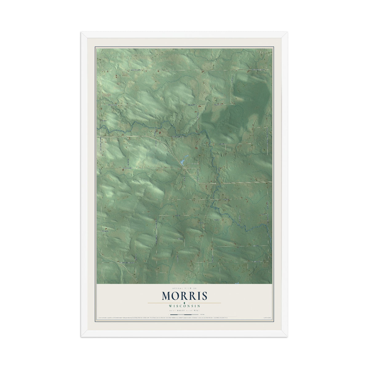 Map of Morris, Wisconsin, 12 x 18 inch print in a white wood frame