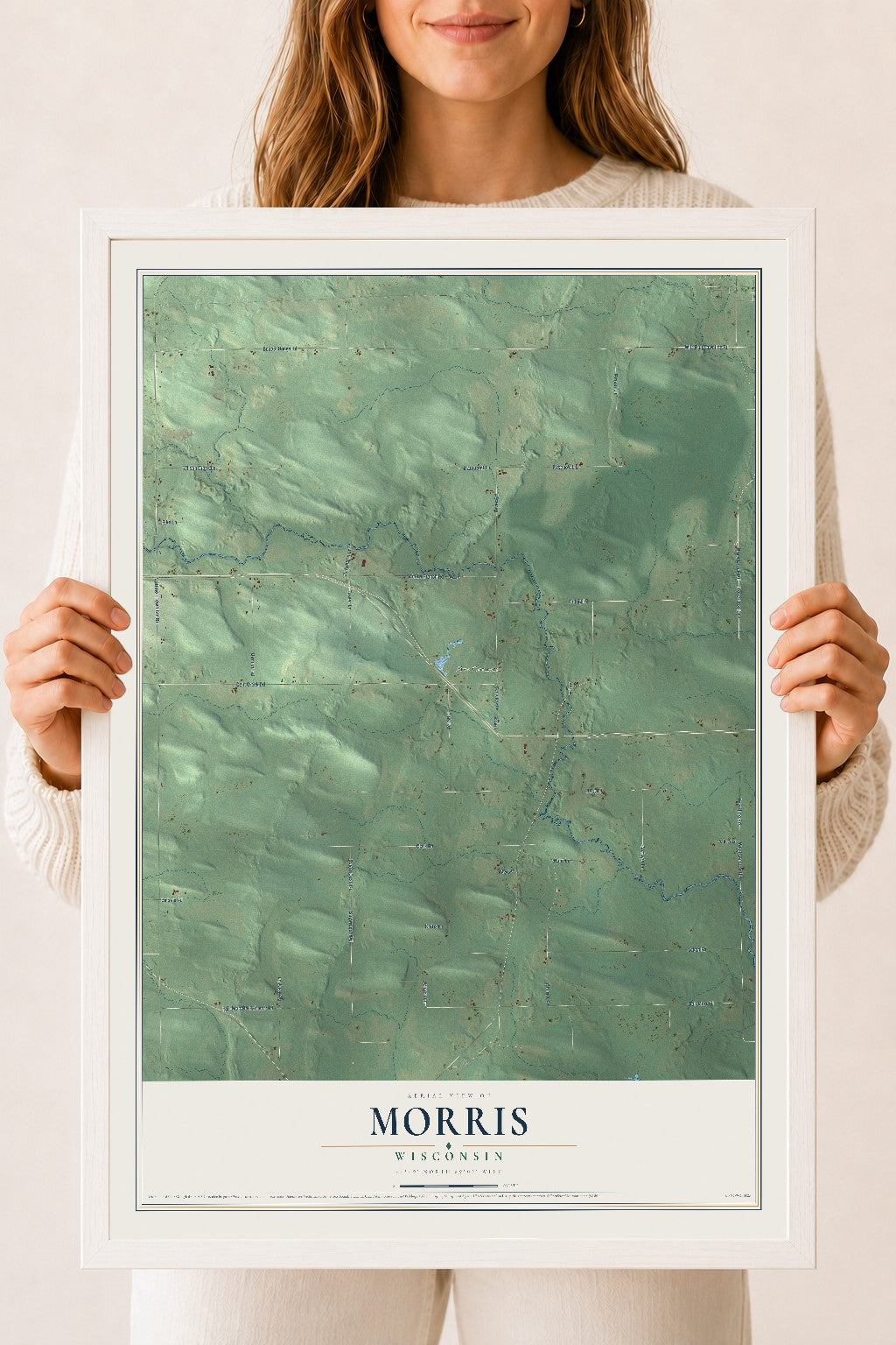 Map of Morris, Wisconsin, 18 x 24 inch print in a white wood frame