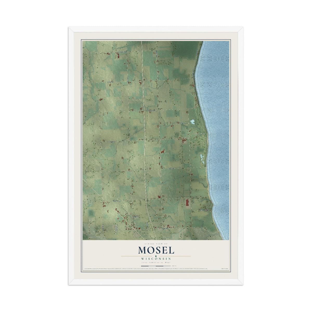 Map of Mosel, Wisconsin, 12 x 18 inch print in a white wood frame
