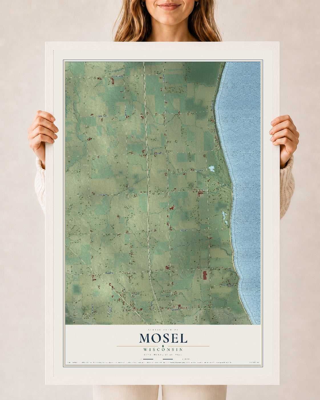 Map of Mosel, Wisconsin, 24 x 36 inch print in a white wood frame