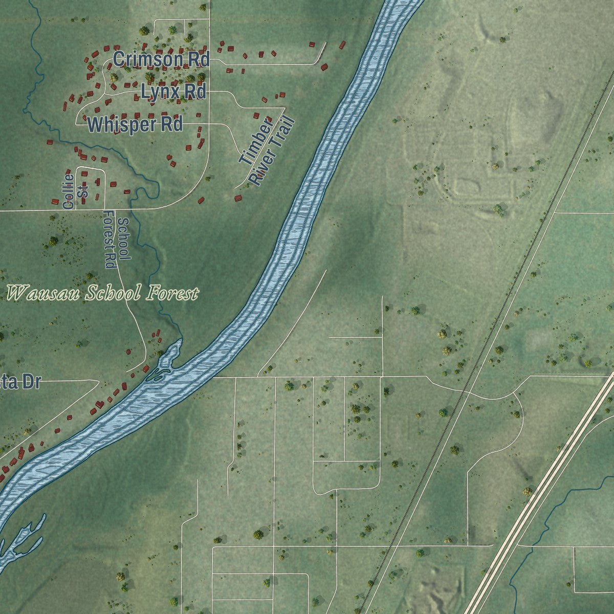 Second close-up of the map of the Town of Mosinee, Wisconsin print showing more streets and buildings