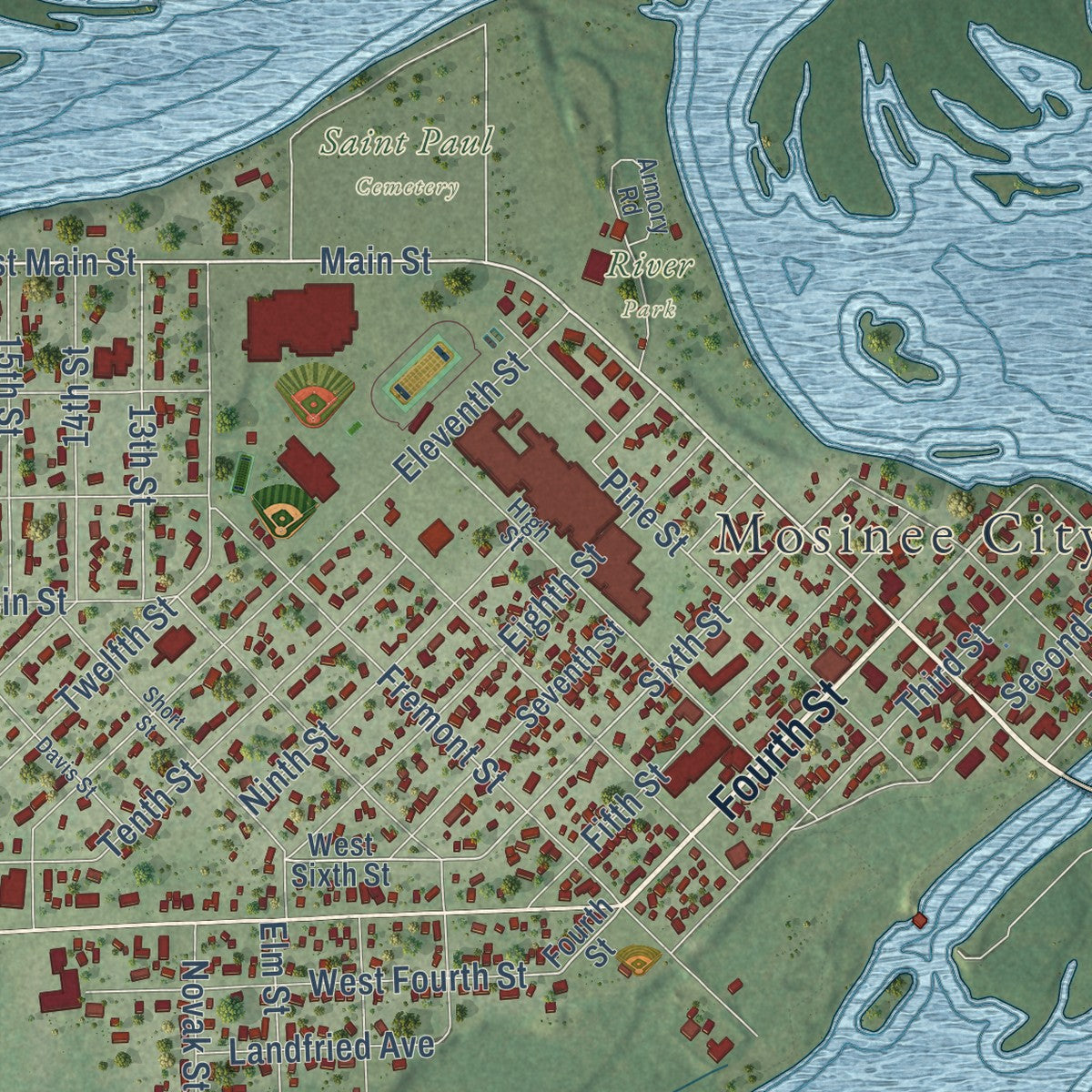 Close-up of the map of Mosinee, Wisconsin print showing street and building detail