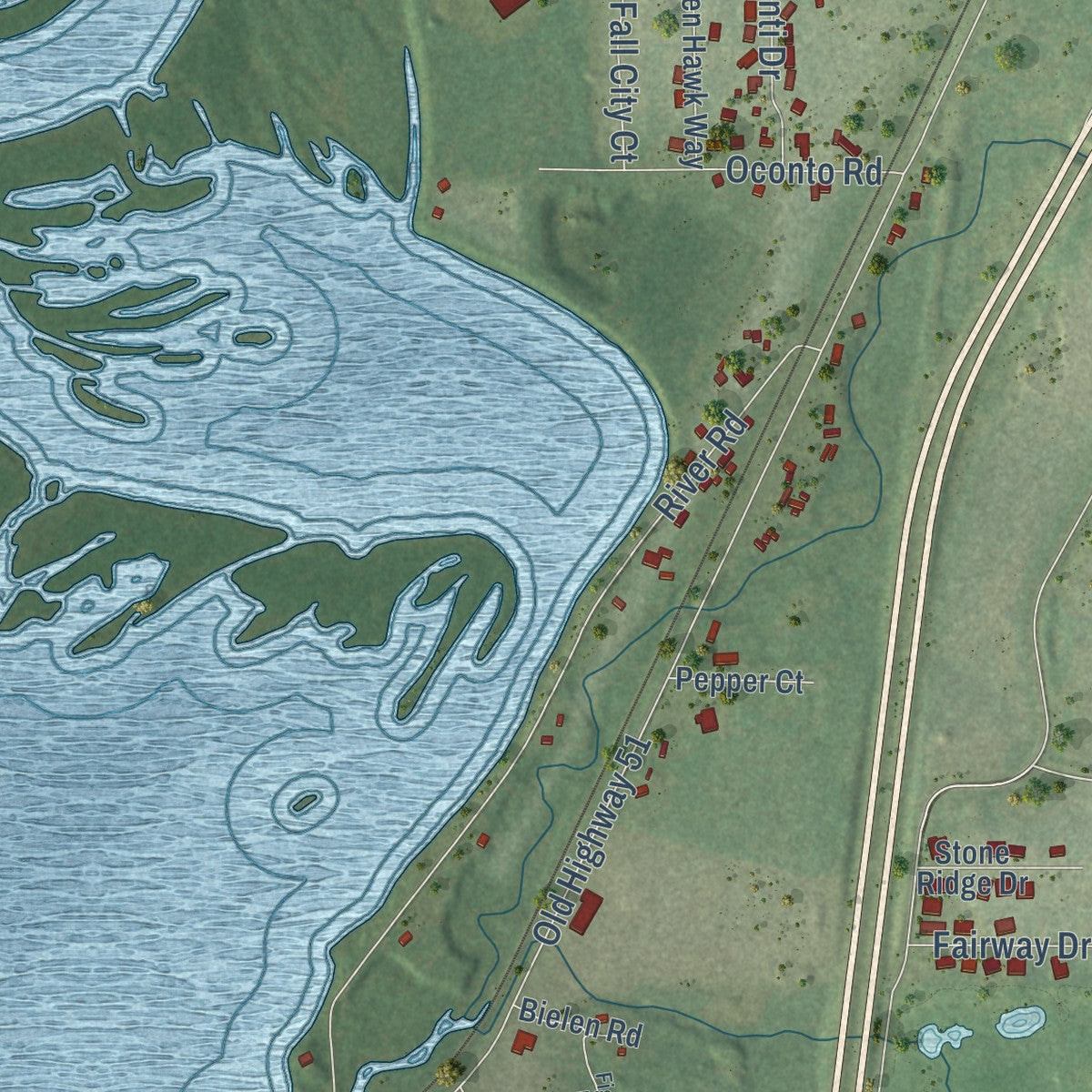 Second close-up of the map of Mosinee, Wisconsin print showing more streets and buildings