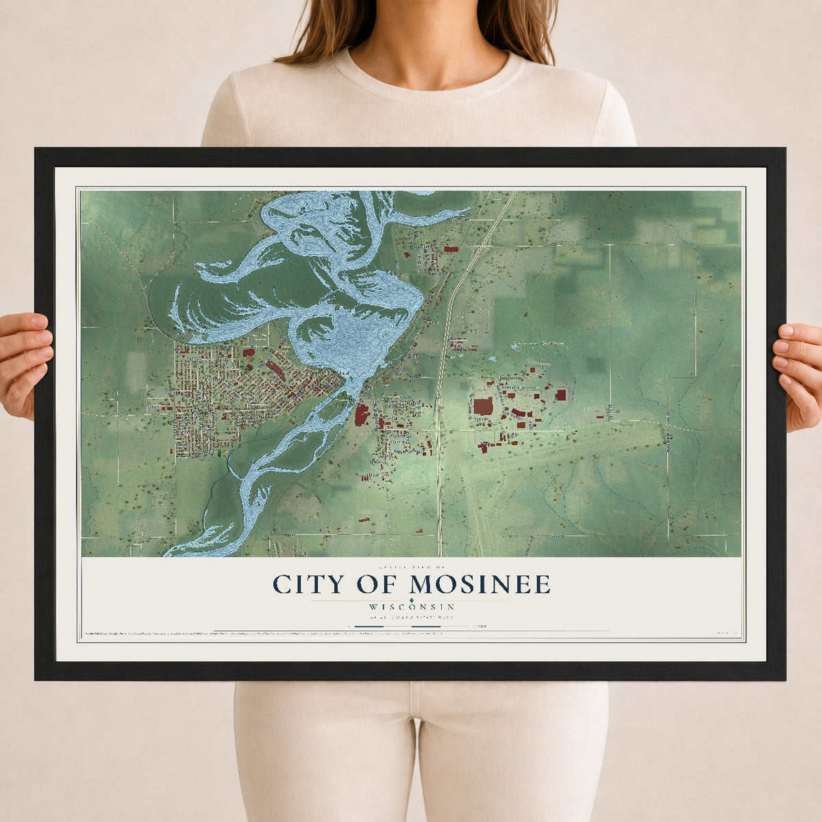 Map of Mosinee, Wisconsin, 18 x 24 inch print in a black wood frame