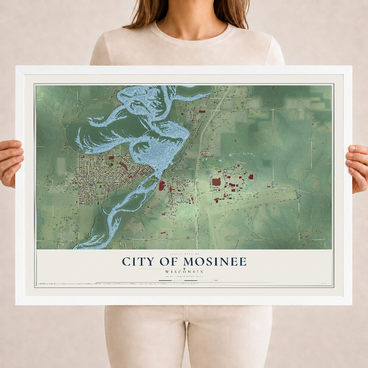 Map of Mosinee, Wisconsin, 18 x 24 inch print in a white wood frame