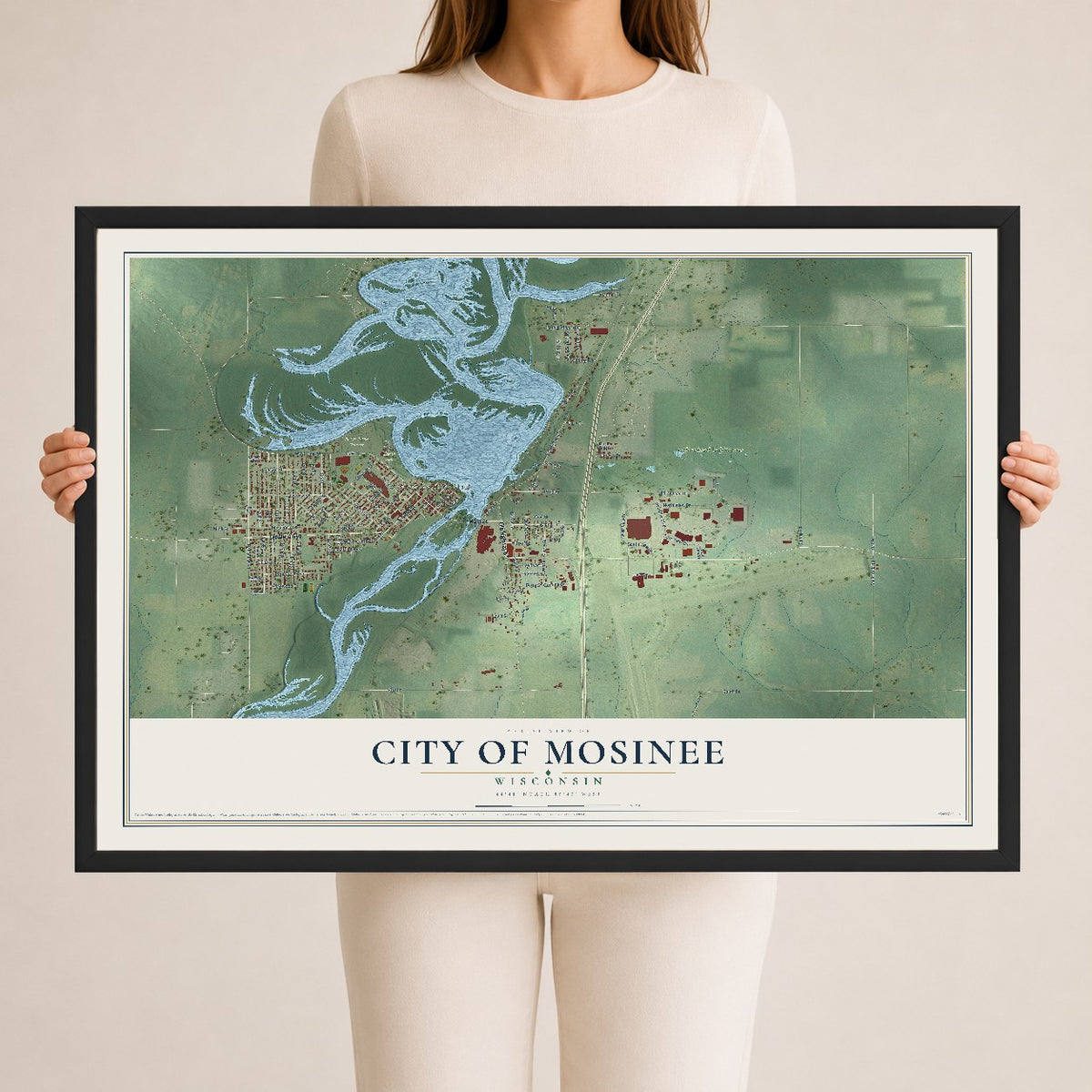 Map of Mosinee, Wisconsin, 24 x 36 inch print in a black wood frame