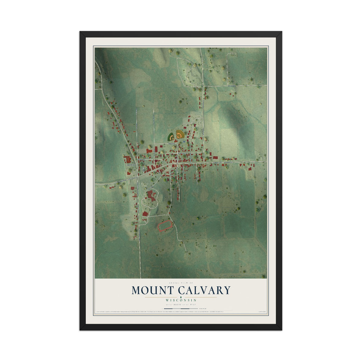 Map of Mount Calvary, Wisconsin, 12 x 18 inch print in a black wood frame