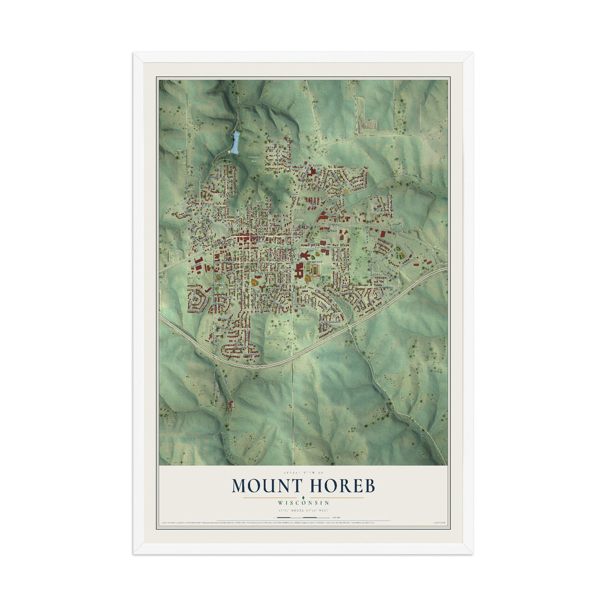 Map of Mount Horeb, Wisconsin, 12 x 18 inch print in a white wood frame