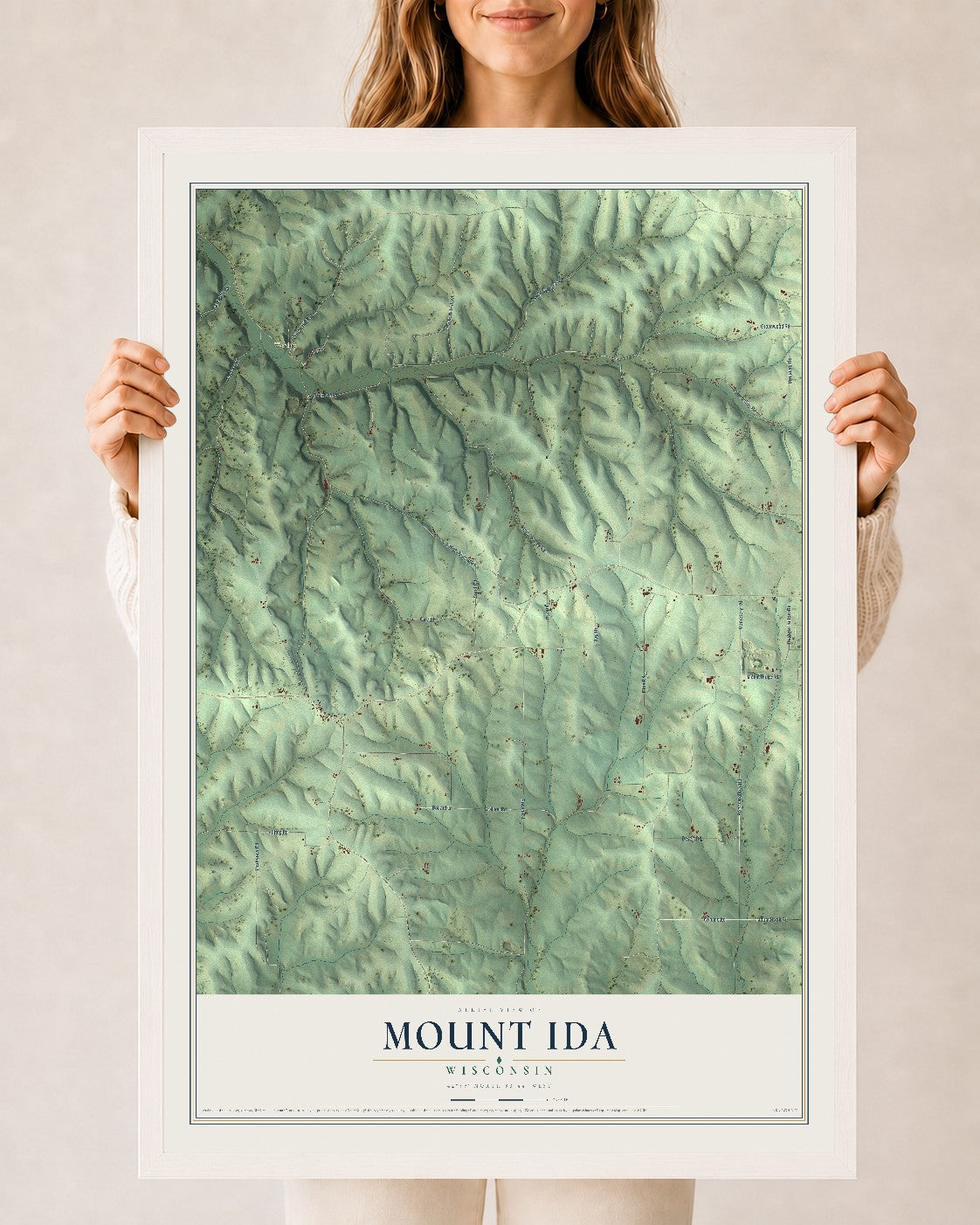 Map of Mount Ida, Wisconsin, 24 x 36 inch print in a white wood frame
