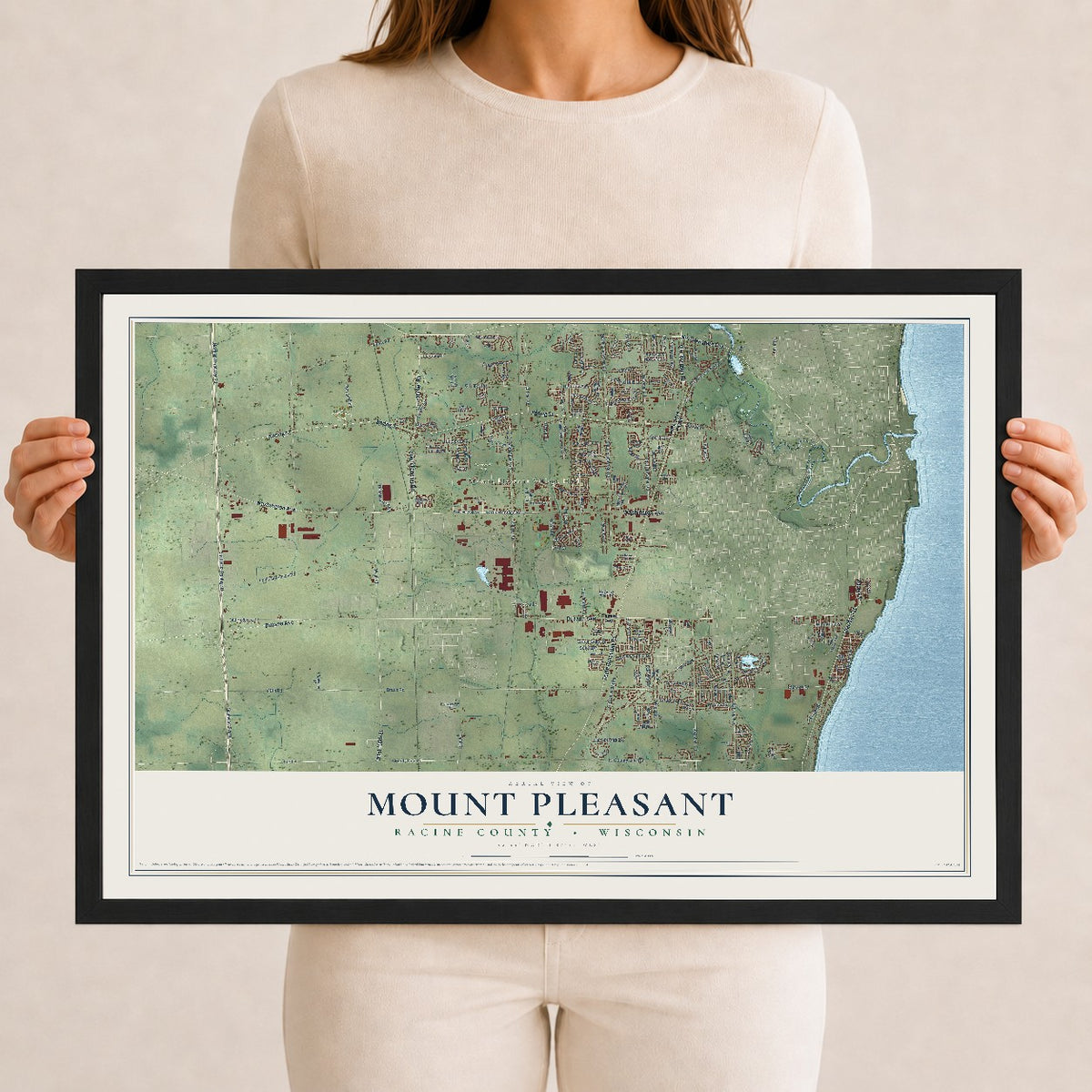 Map of Mount Pleasant, Racine County, Wisconsin, 12 x 18 inch print in a black wood frame