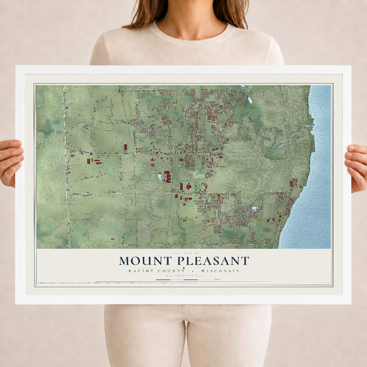 Map of Mount Pleasant, Racine County, Wisconsin, 18 x 24 inch print in a white wood frame