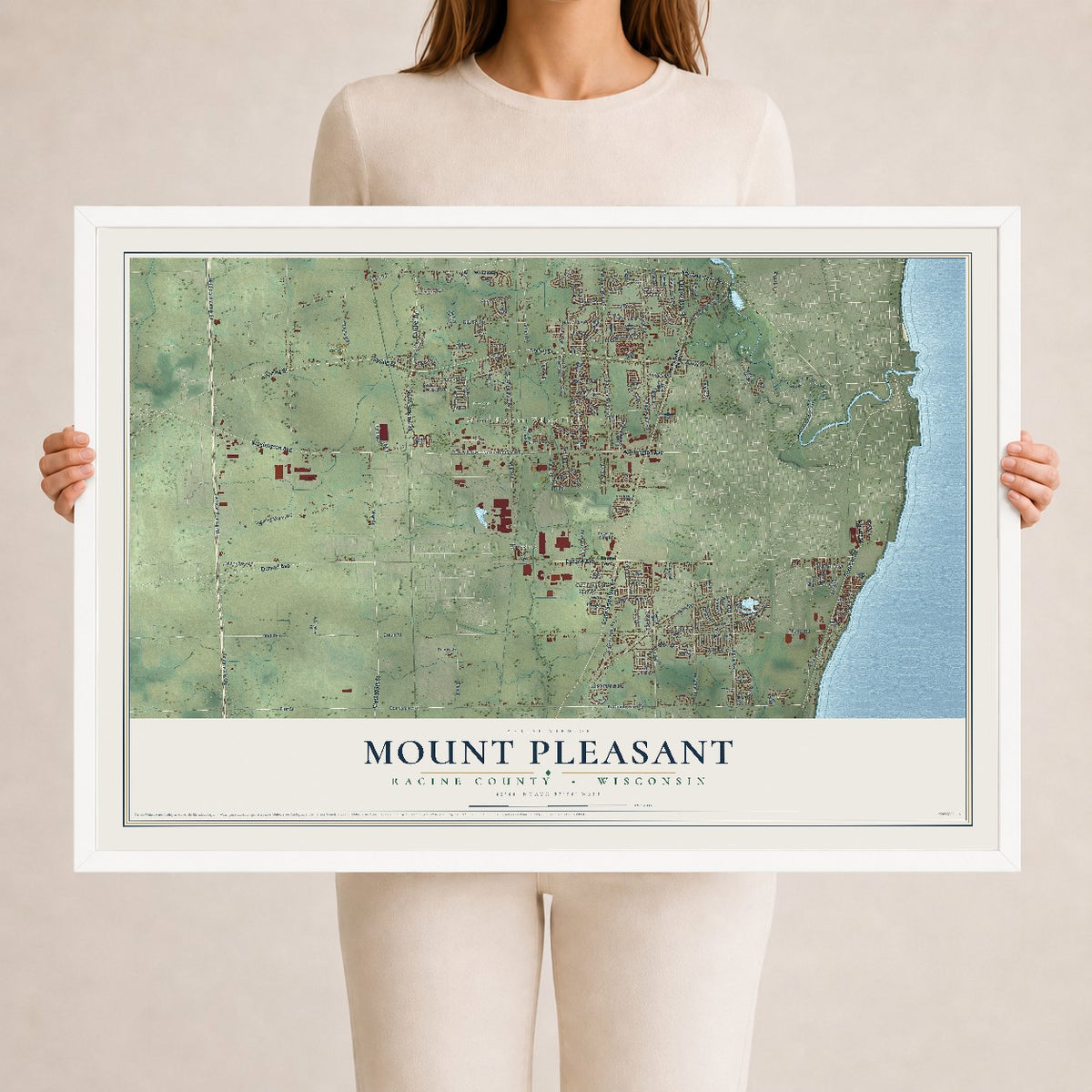 Map of Mount Pleasant, Racine County, Wisconsin, 24 x 36 inch print in a white wood frame
