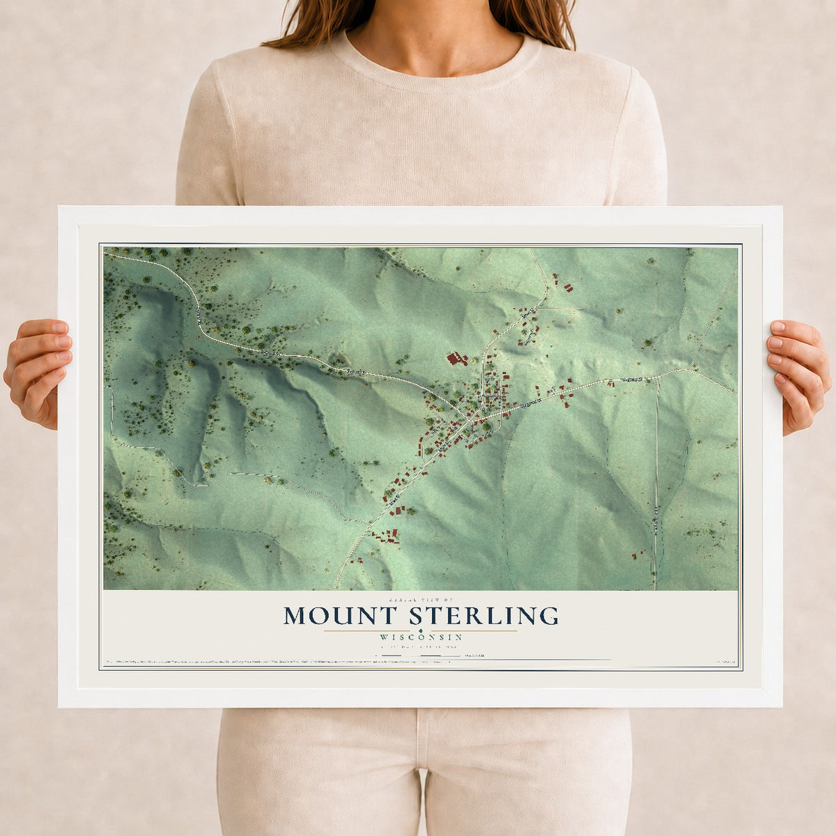 Map of Mount Sterling, Wisconsin, 12 x 18 inch print in a white wood frame
