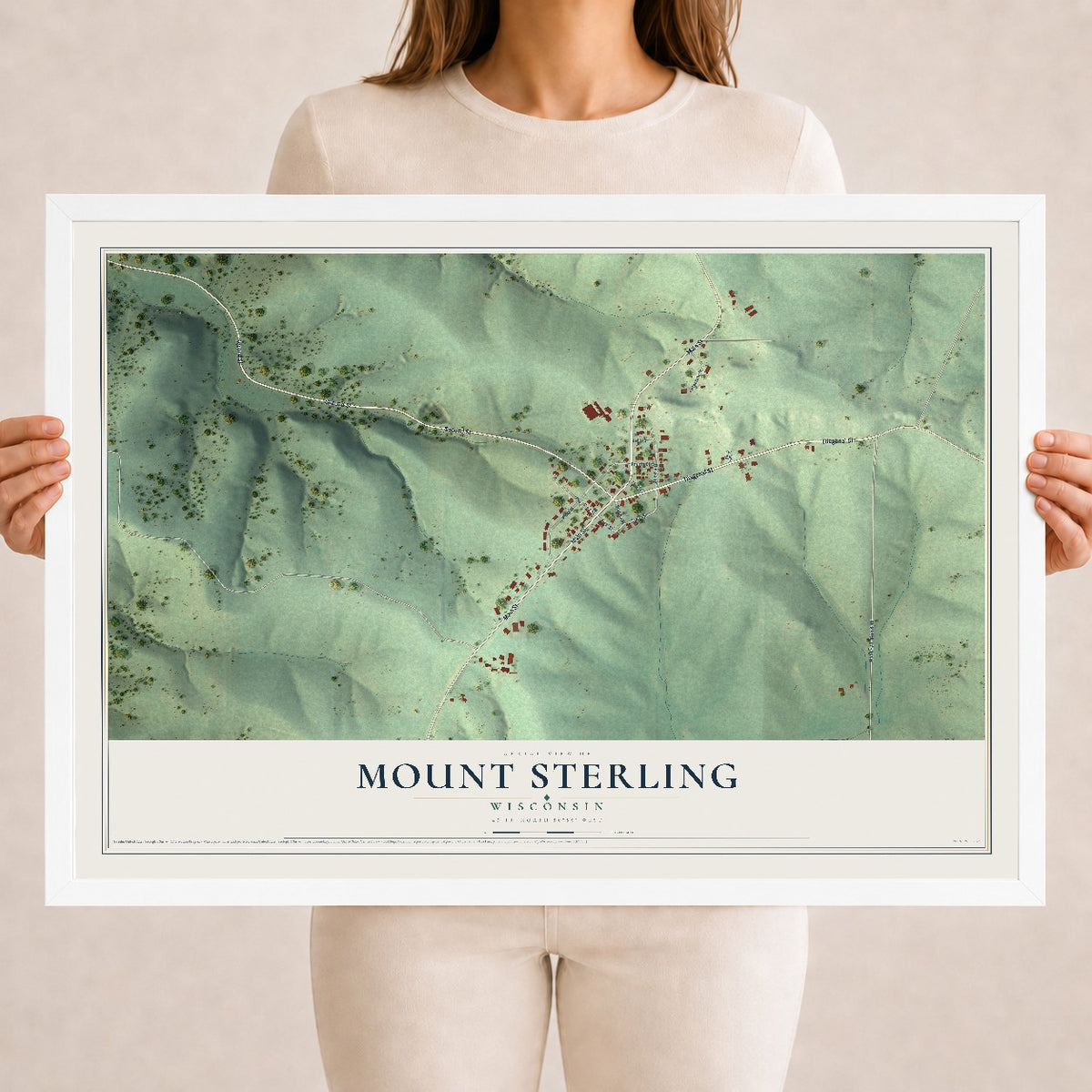 Map of Mount Sterling, Wisconsin, 18 x 24 inch print in a white wood frame